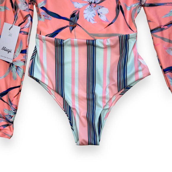 Maaji Long Sleeve One Piece Swimsuit Reversible Stripes and Floral Coral Pink - Picture 5 of 9
